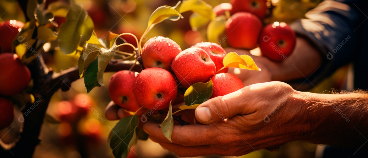 Mãos das pessoas cuidando e colhendo maçãs.
