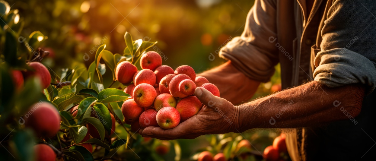 Mãos das pessoas cuidando e colhendo maçãs.