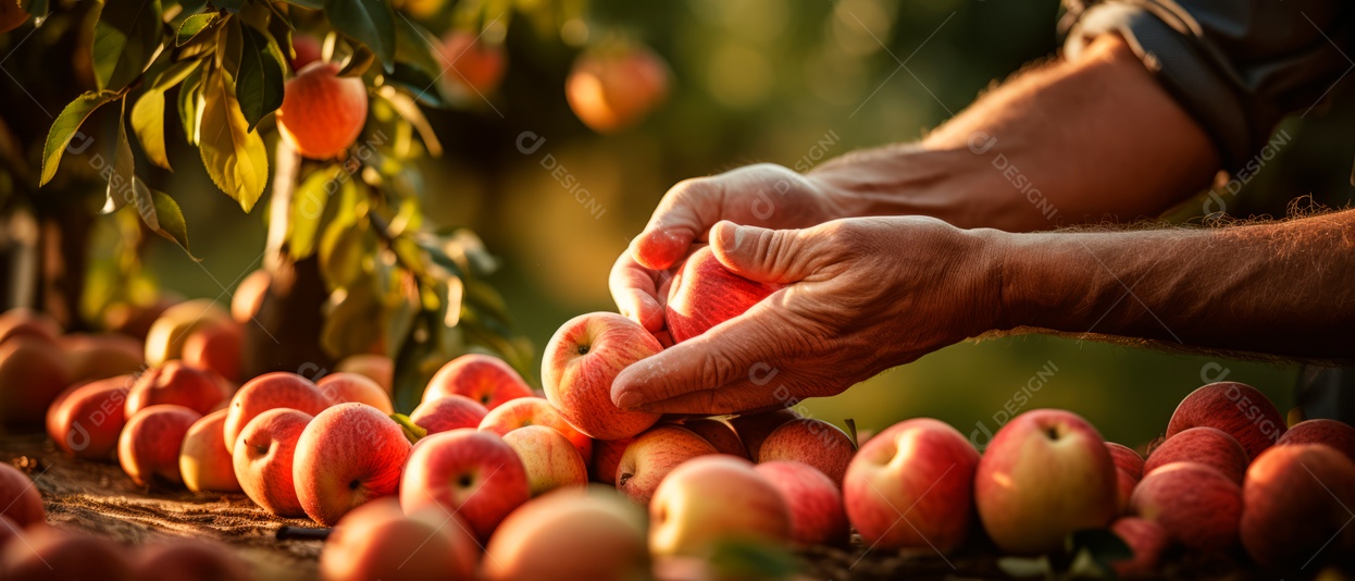 Mãos das pessoas cuidando e colhendo maçãs.