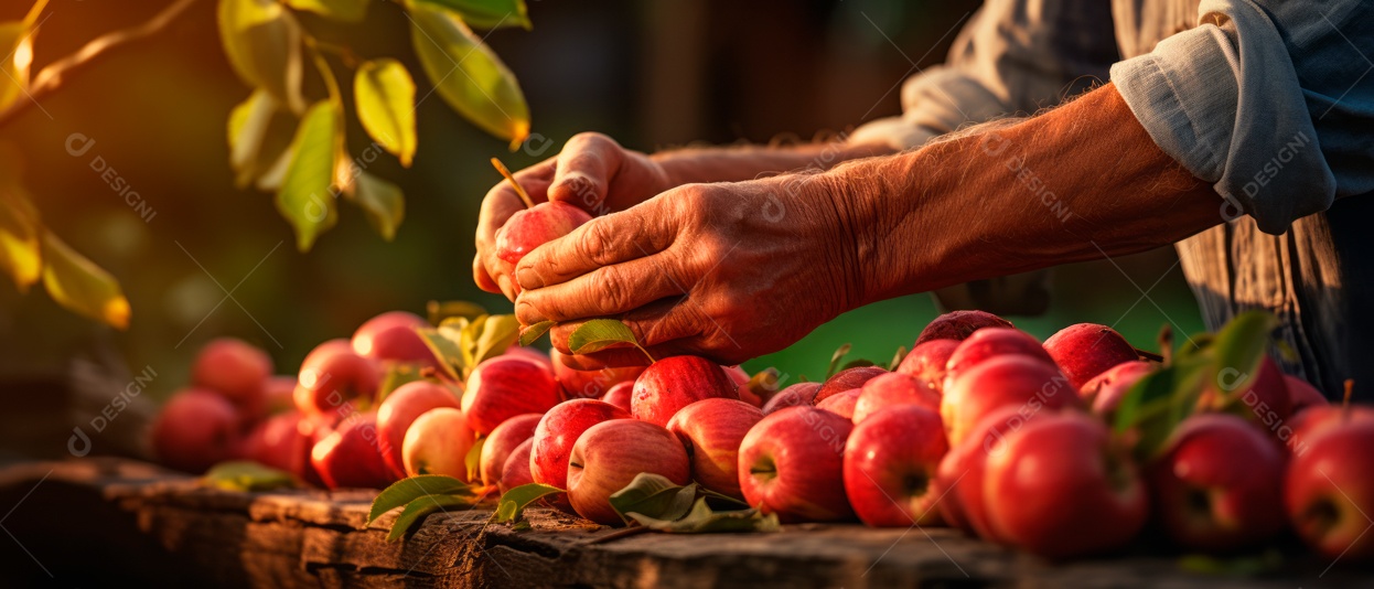Mãos das pessoas cuidando e colhendo maçãs.