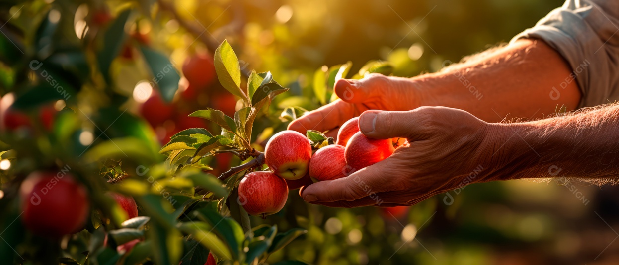 Mãos das pessoas cuidando e colhendo maçãs.