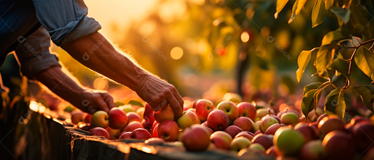 Mãos das pessoas cuidando e colhendo maçãs.