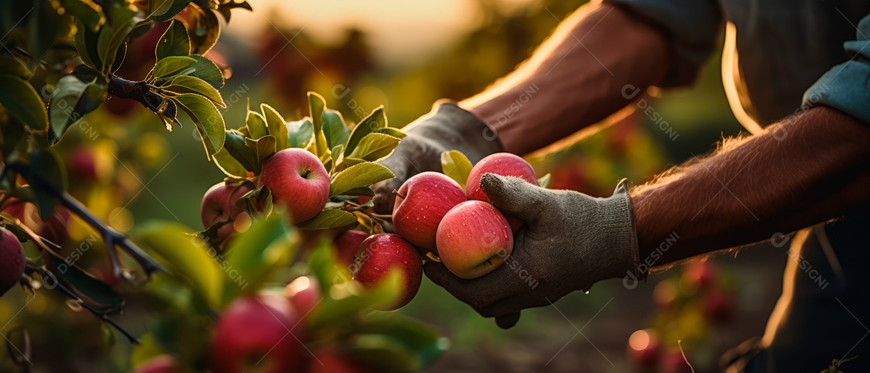 Mãos das pessoas cuidando e colhendo maçãs.