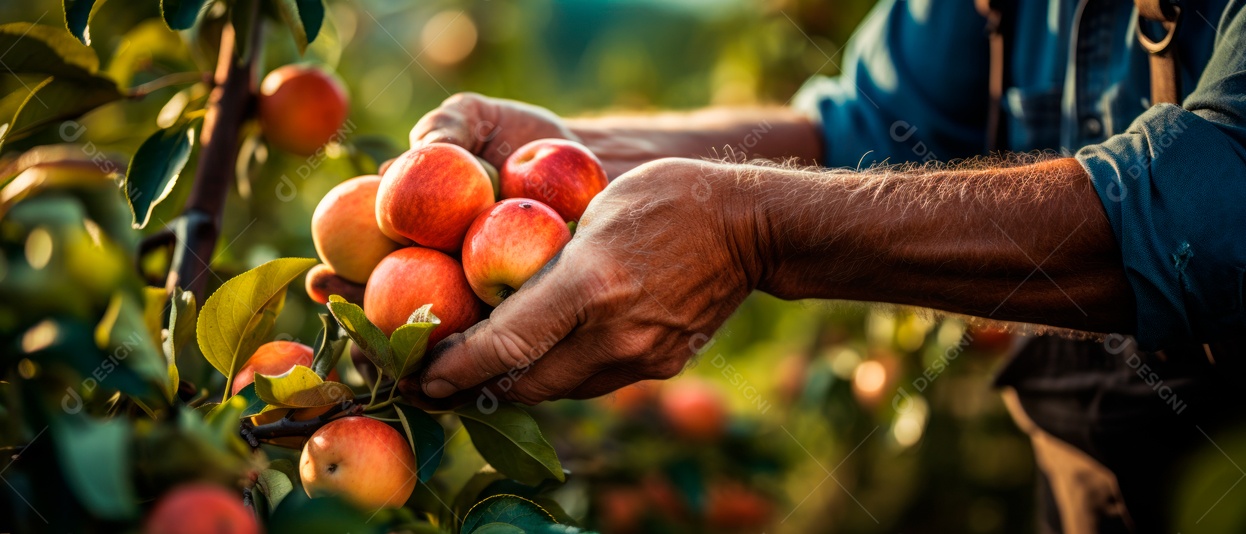 Mãos das pessoas cuidando e colhendo maçãs.