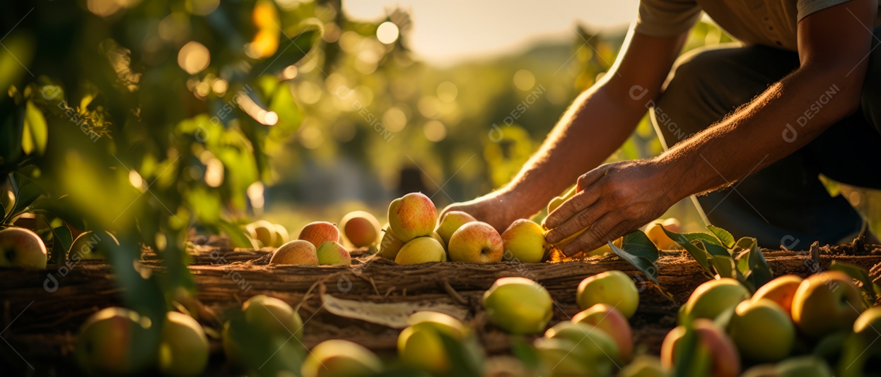 Mãos das pessoas cuidando e colhendo maçãs.