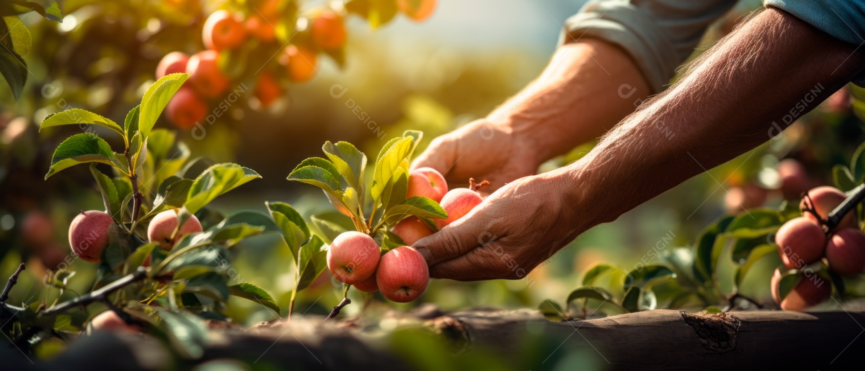 Mãos das pessoas cuidando e colhendo maçãs.