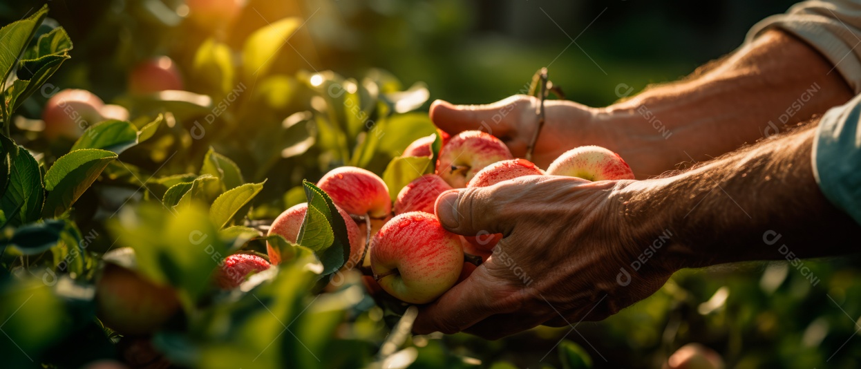 Mãos das pessoas cuidando e colhendo maçãs.