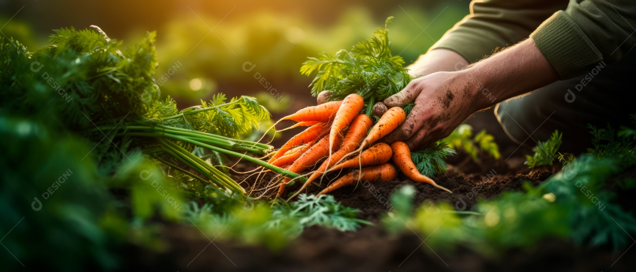 Mãos das pessoas cuidando e colhendo cenouras.