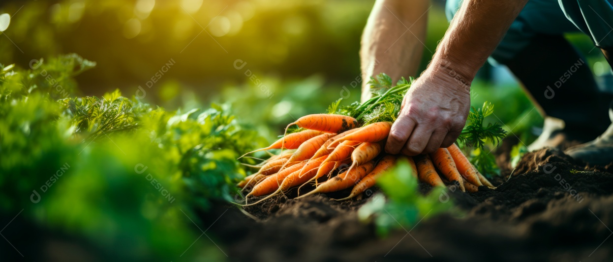 Mãos das pessoas cuidando e colhendo cenouras.