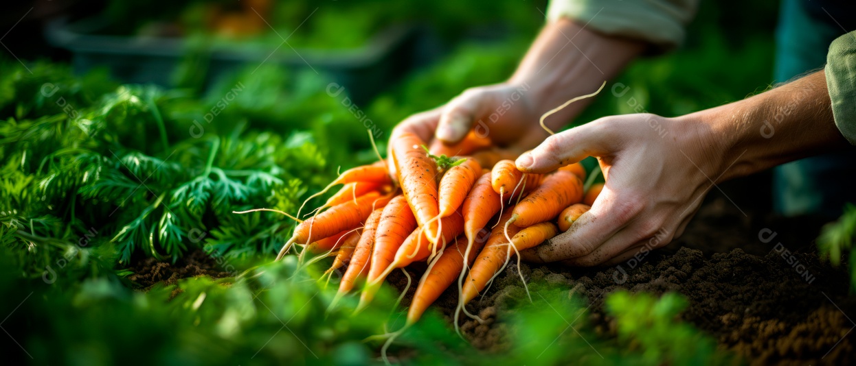Mãos das pessoas cuidando e colhendo cenouras.