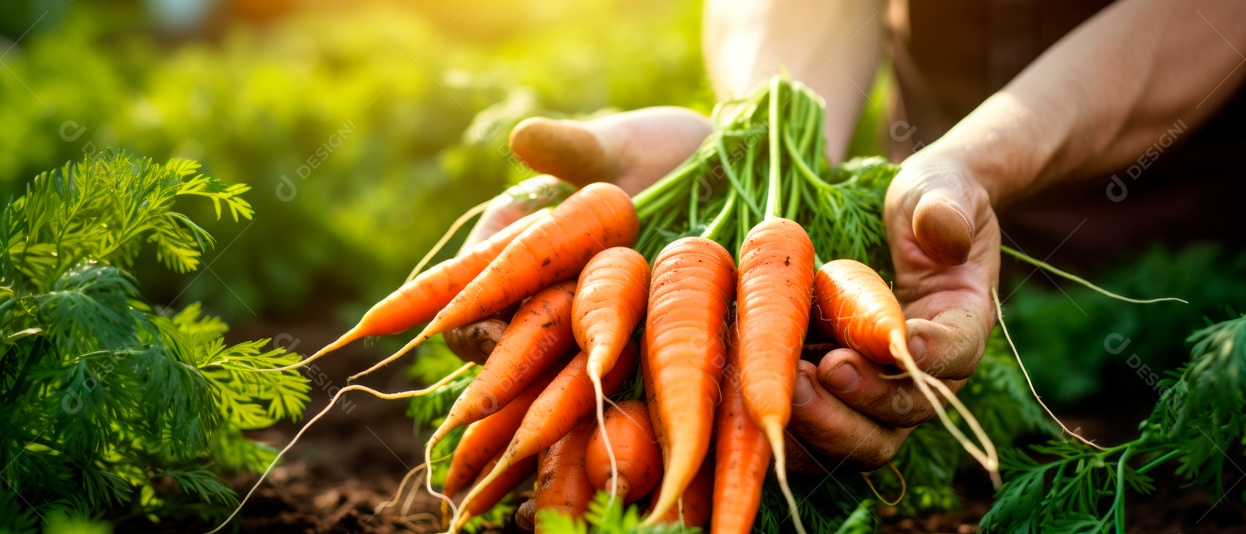 Mãos das pessoas cuidando e colhendo cenouras.