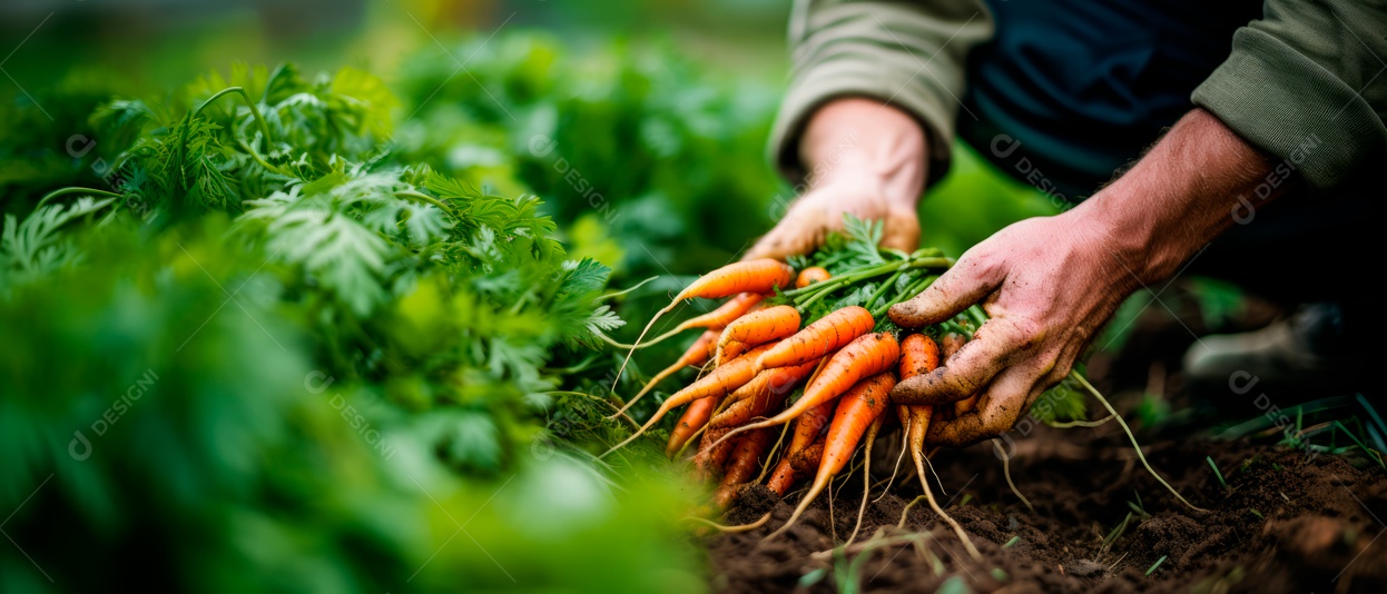 Mãos das pessoas cuidando e colhendo cenouras.