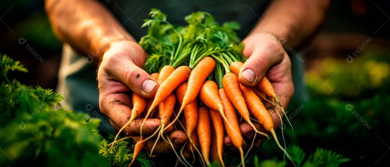 Mãos das pessoas cuidando e colhendo cenouras.