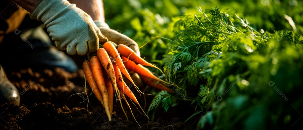 Mãos das pessoas cuidando e colhendo cenouras.