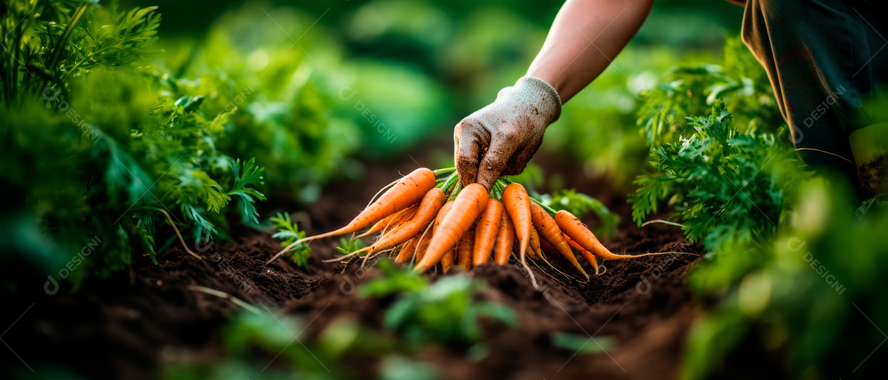 Mãos das pessoas cuidando e colhendo cenouras.