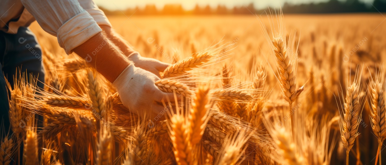 Mãos de pessoas cuidando da colheita de trigo.