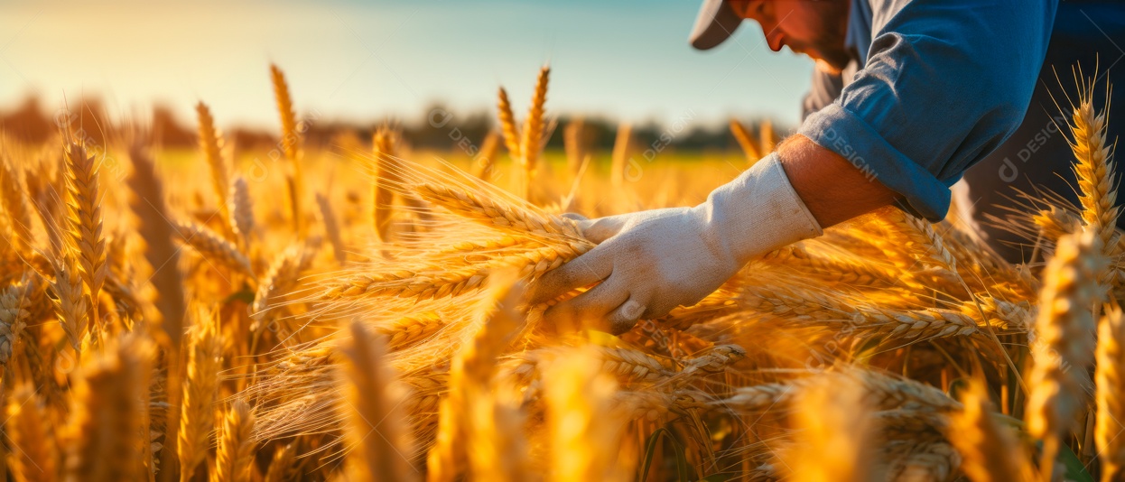 Mãos de pessoas cuidando da colheita de trigo.