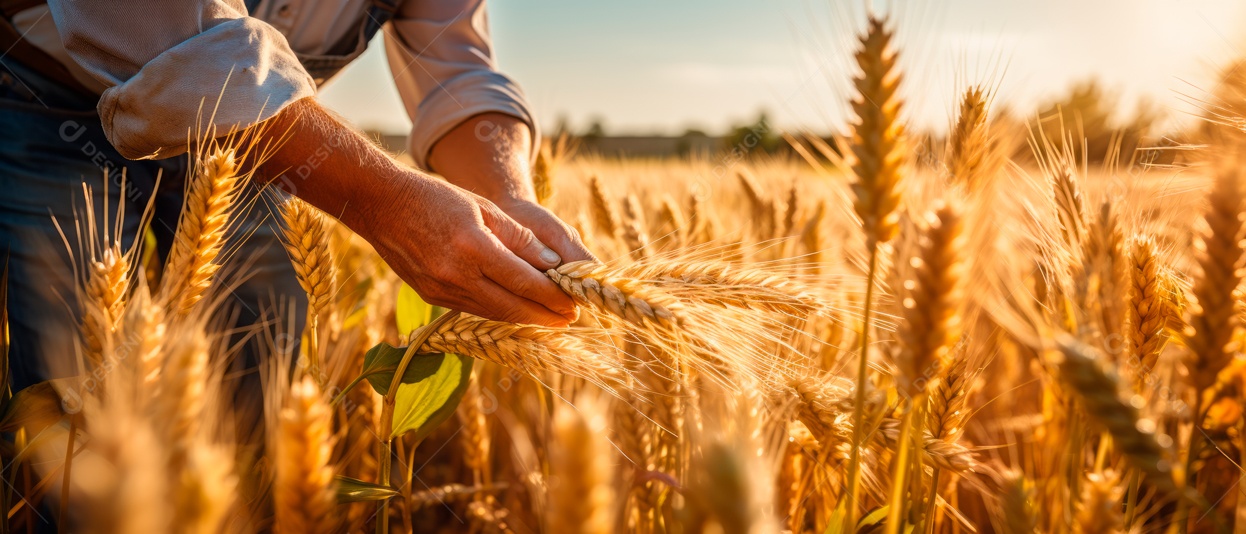 Mãos de pessoas cuidando da colheita de trigo.