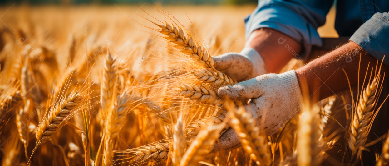 Mãos de pessoas cuidando da colheita de trigo.