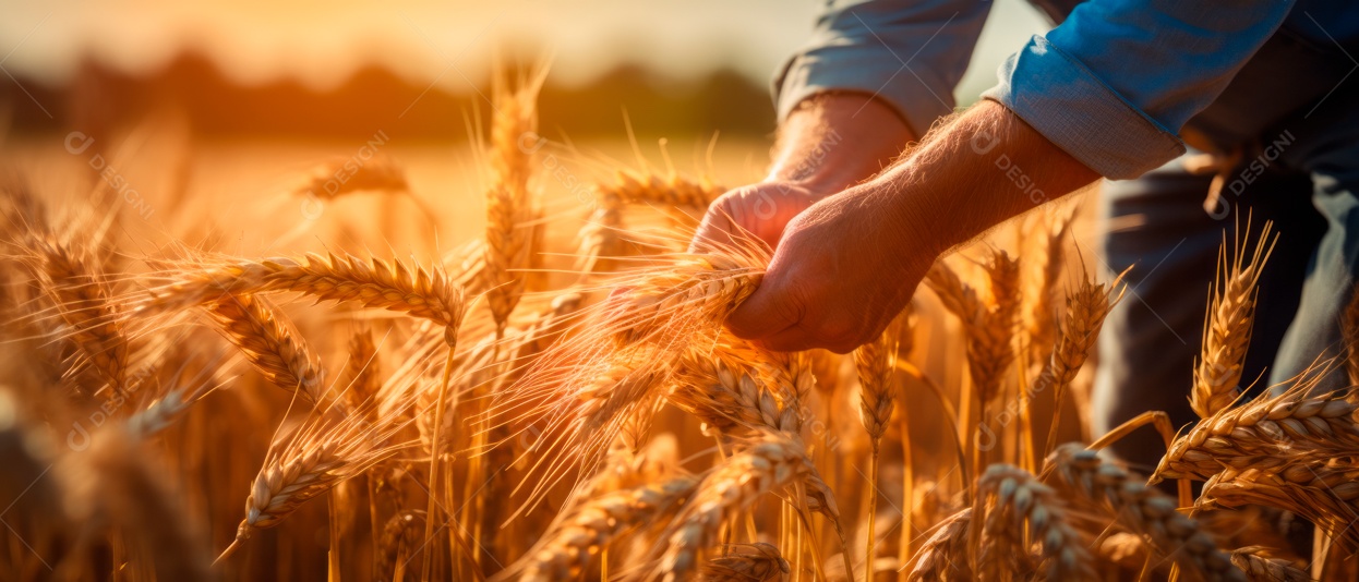 Mãos de pessoas cuidando da colheita de trigo.