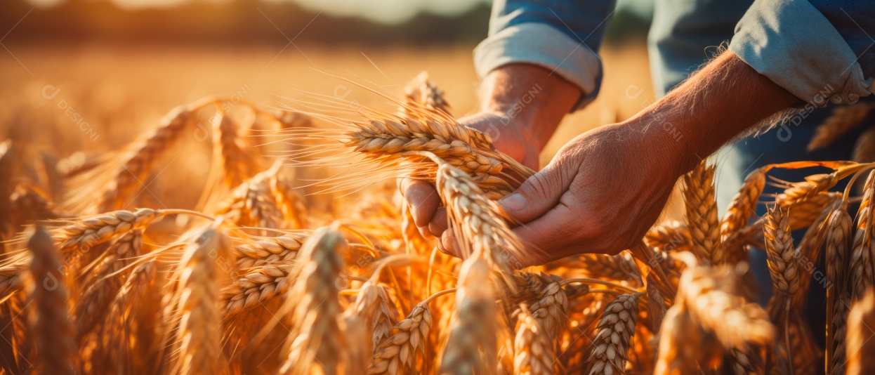 Mãos de pessoas cuidando da colheita de trigo.