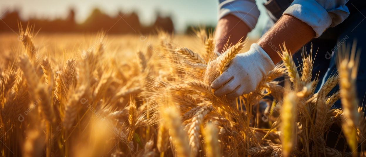Mãos de pessoas cuidando da colheita de trigo.