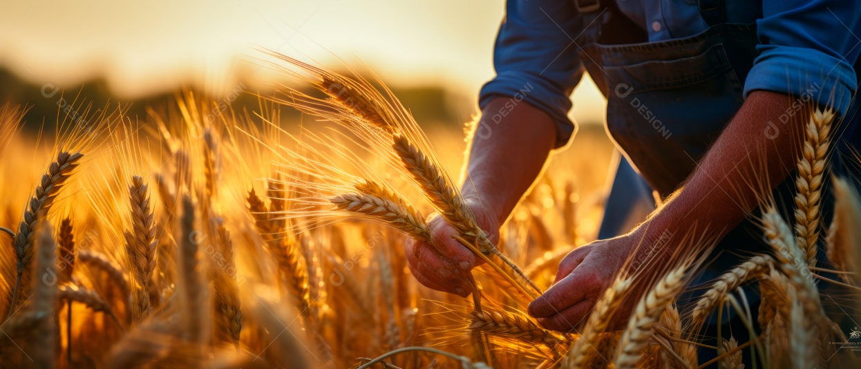 Mãos de pessoas cuidando da colheita de trigo.