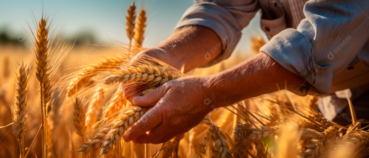 Mãos de pessoas cuidando da colheita de trigo.