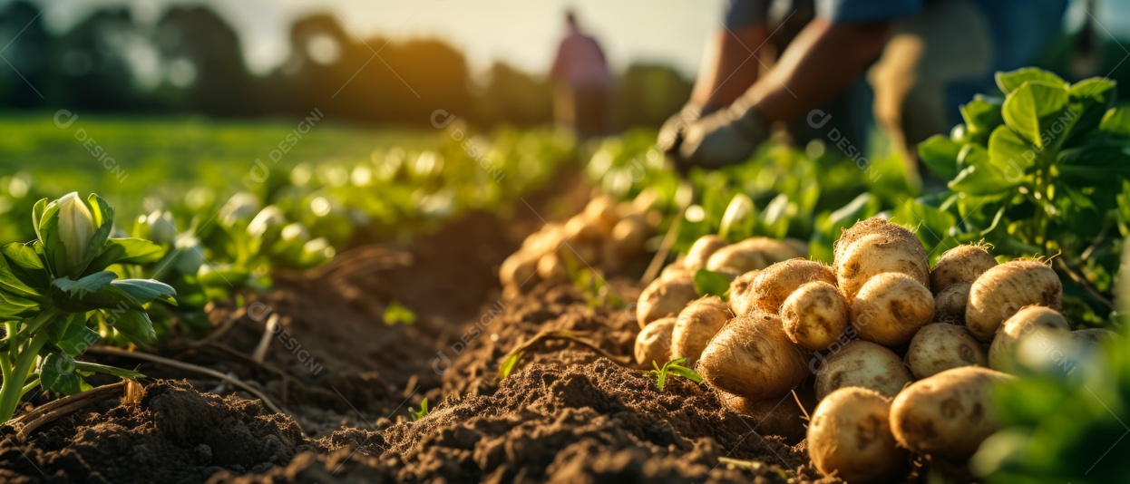 Mãos de pessoas cuidando da colheita de batata.