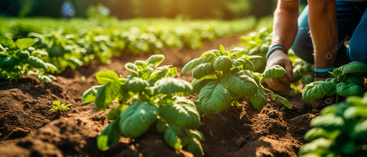 Mãos de pessoas cuidando da colheita de batata.
