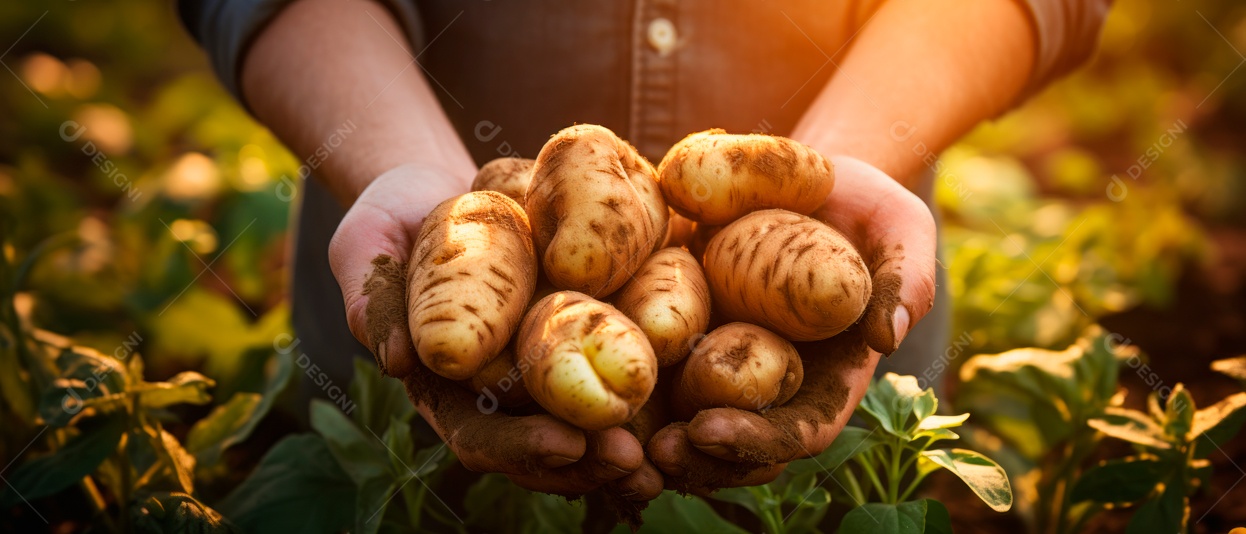 Mãos de pessoas tendendo a colher batatas.