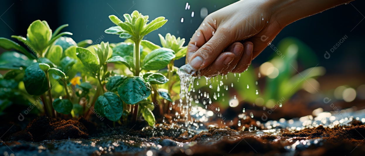 Cuidando de regar vegetais com um aspersor.