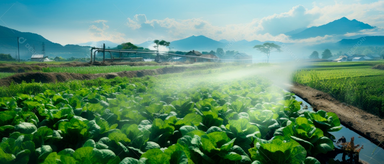Cuidando de regar vegetais com um aspersor.