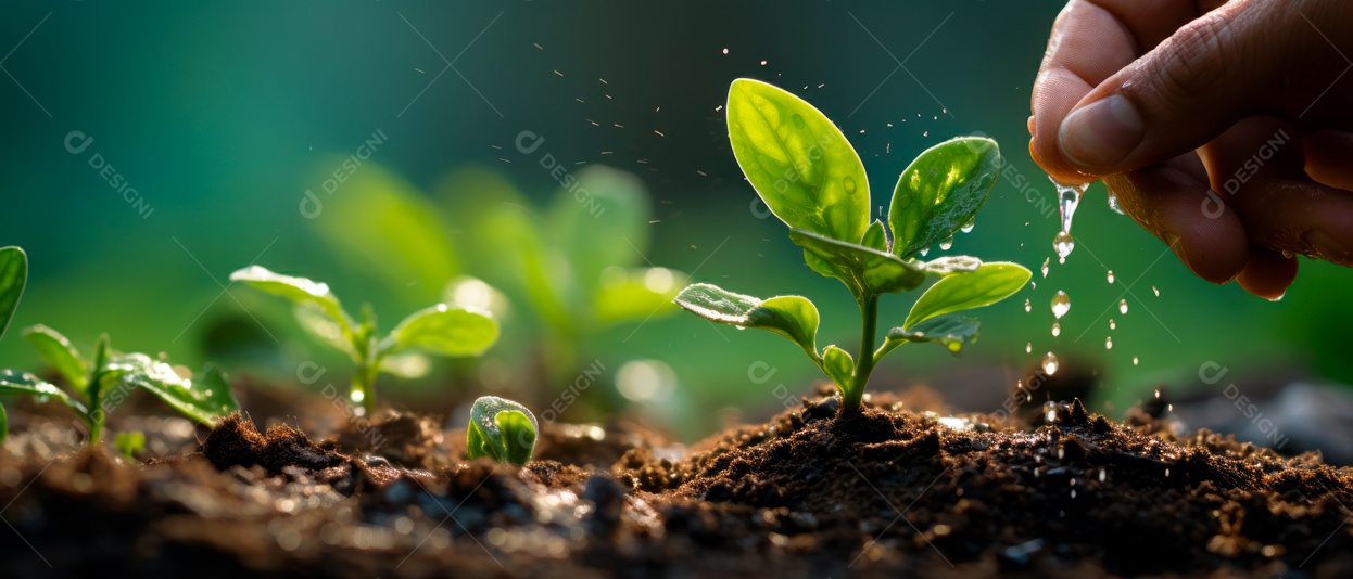 Cuidando de regar vegetais com um aspersor.