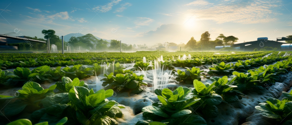 Cuidando de regar vegetais com um aspersor.