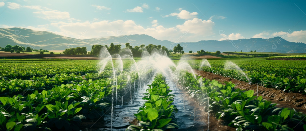 Cuidando de regar vegetais com um aspersor.