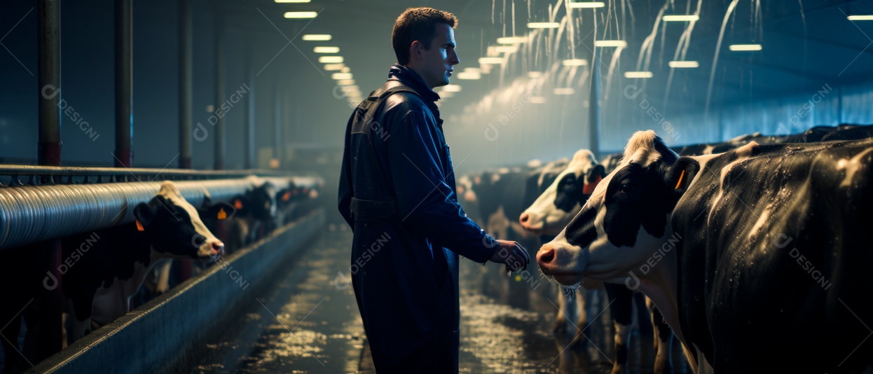 Dono da fazenda está cuidando das vacas leiteiras..