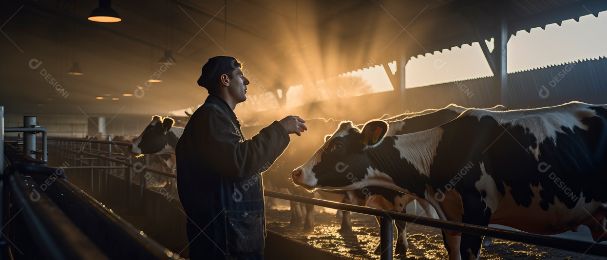 Dono da fazenda está cuidando das vacas leiteiras..