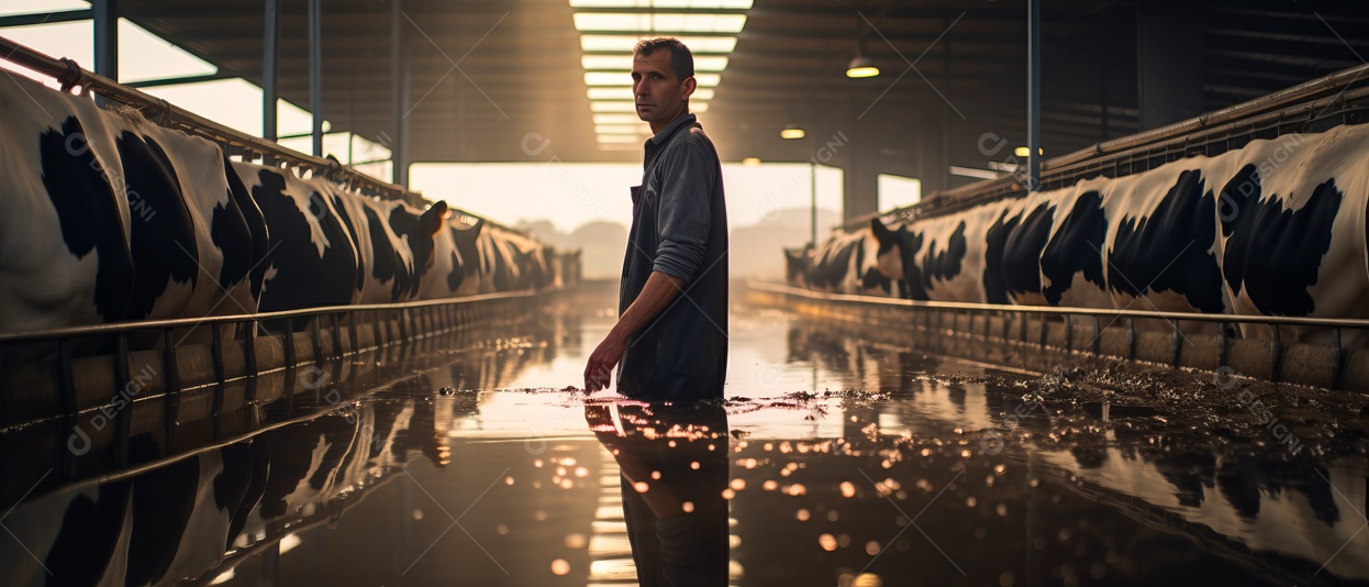 Dono da fazenda está cuidando das vacas leiteiras..
