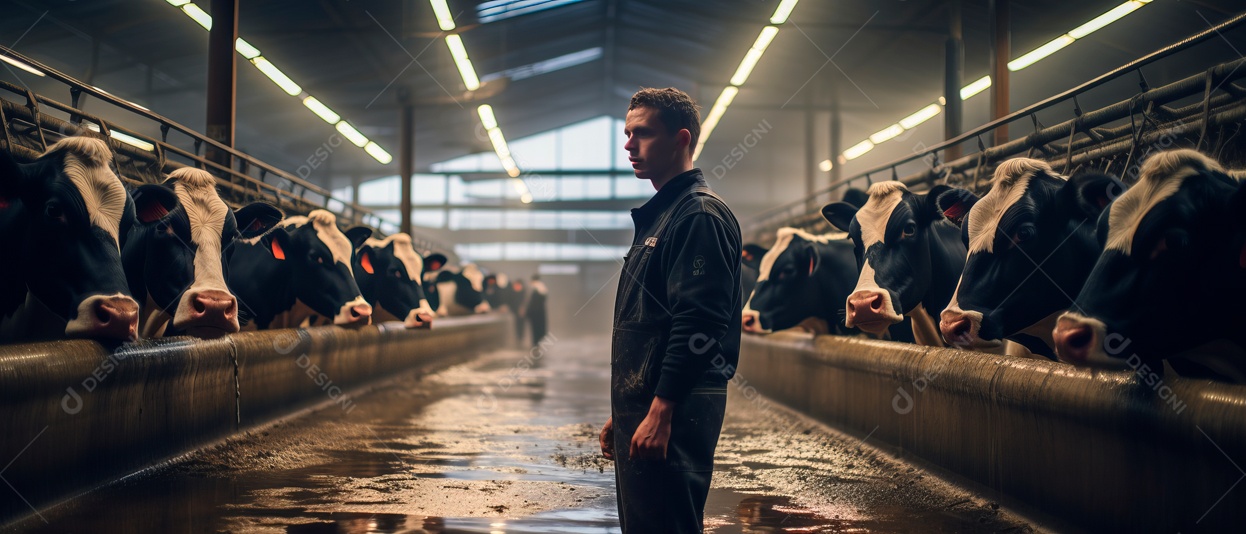 Dono da fazenda está cuidando das vacas leiteiras..