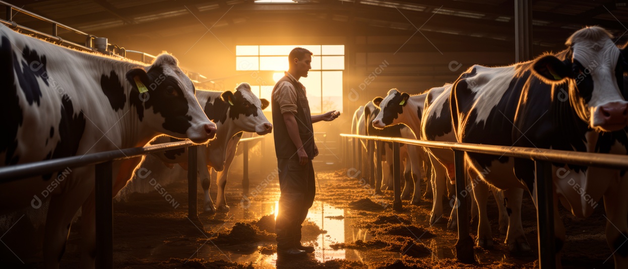 Dono da fazenda está cuidando das vacas leiteiras..