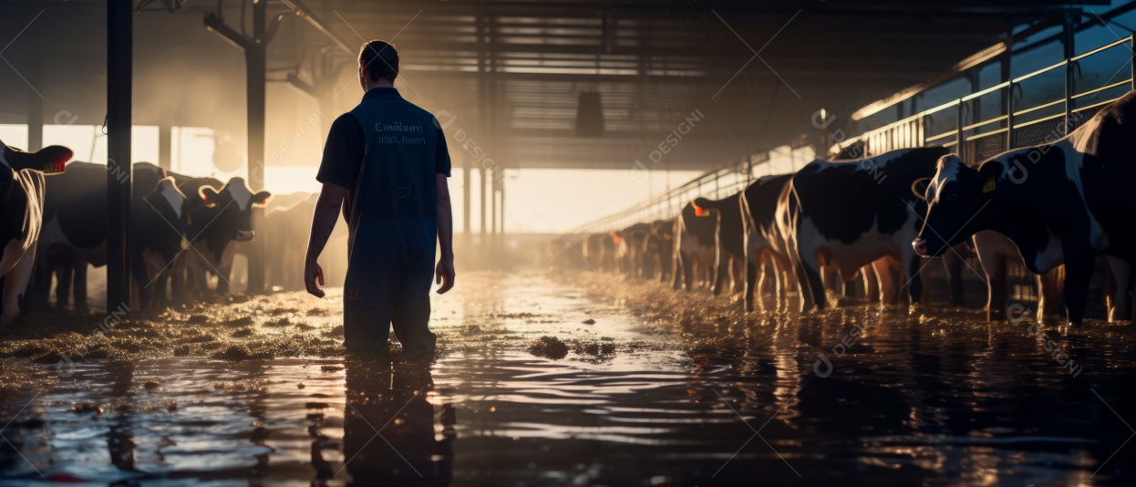 Dono da fazenda está cuidando das vacas leiteiras..