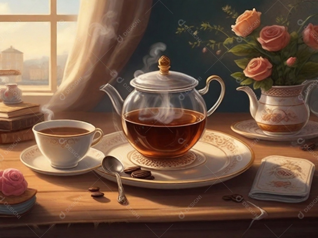 Uma cena aconchegante pintando com uma xícara verde