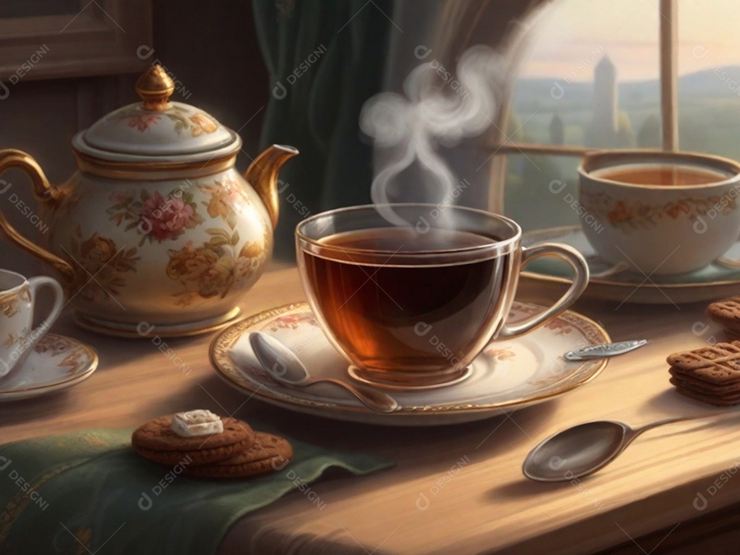 Uma cena aconchegante pintando com uma xícara verde