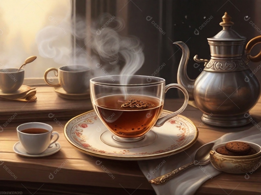 Uma cena aconchegante pintando com uma xícara verde