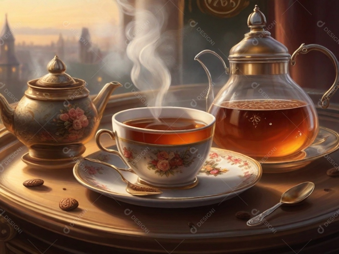 Uma cena aconchegante pintando com uma xícara verde