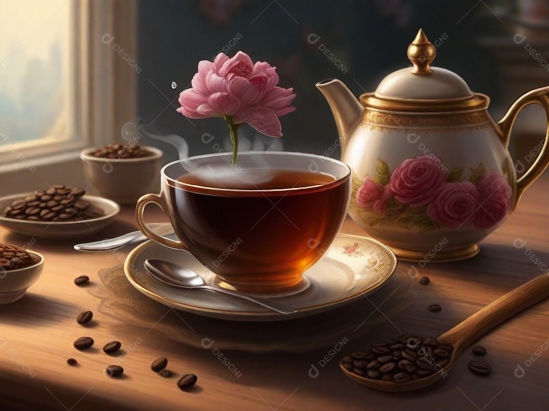 Uma cena aconchegante pintando com uma xícara verde