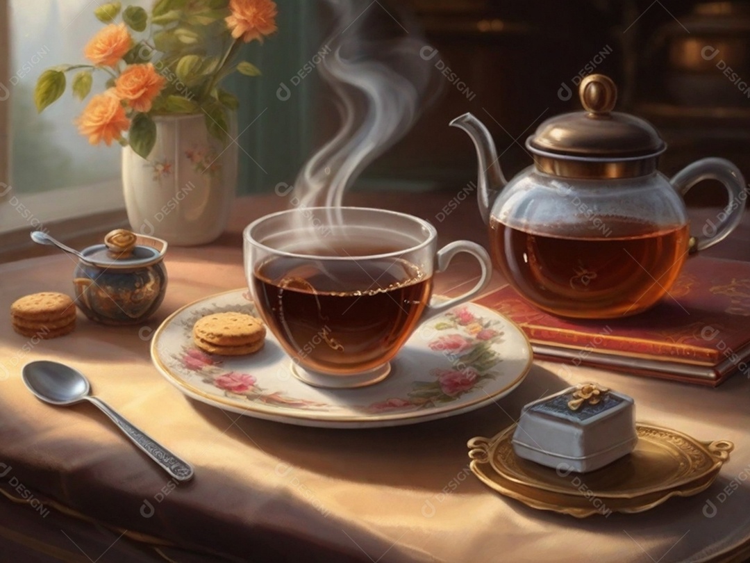 Uma cena aconchegante pintando com uma xícara verde