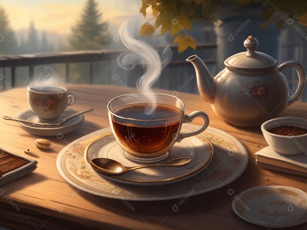 Uma cena aconchegante pintando com uma xícara verde