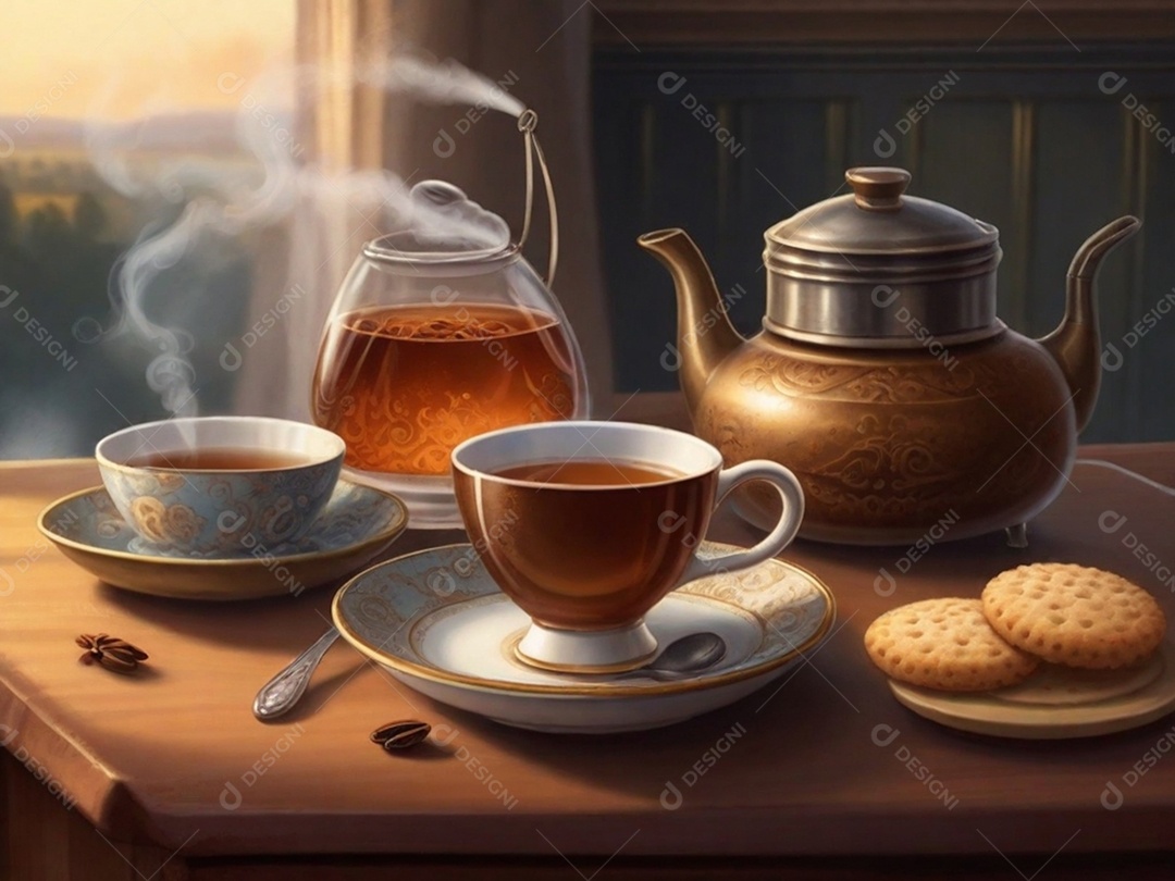 Uma cena aconchegante pintando com uma xícara verde